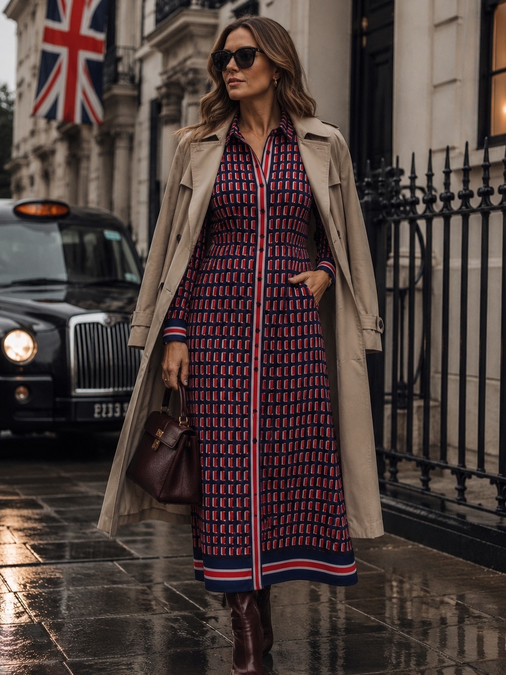 Boden Blue & Red Button-Front Midi Dress